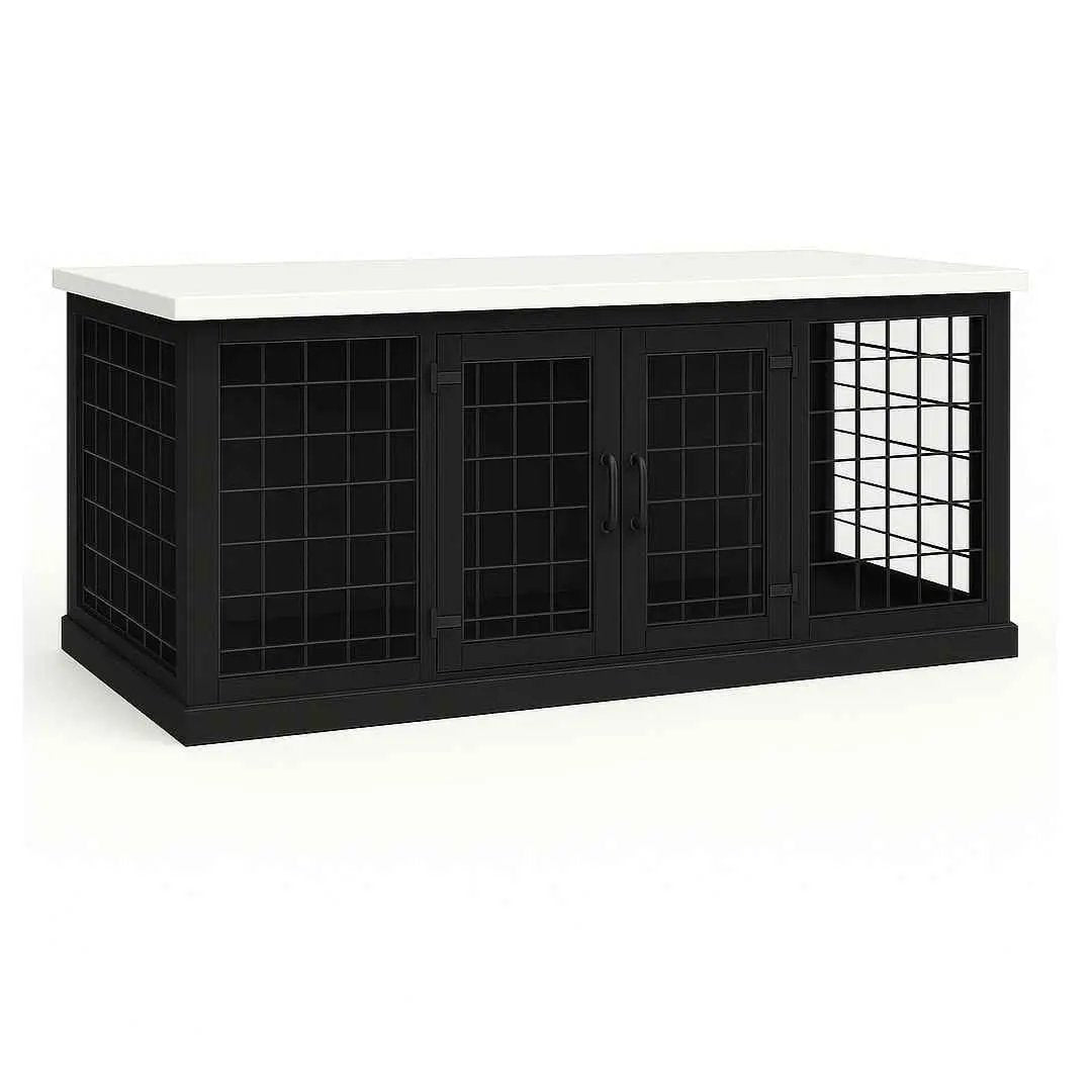 The DUO – Night Sky Hinged Style Double Wooden Dog Crate With Mesh - Arctic image