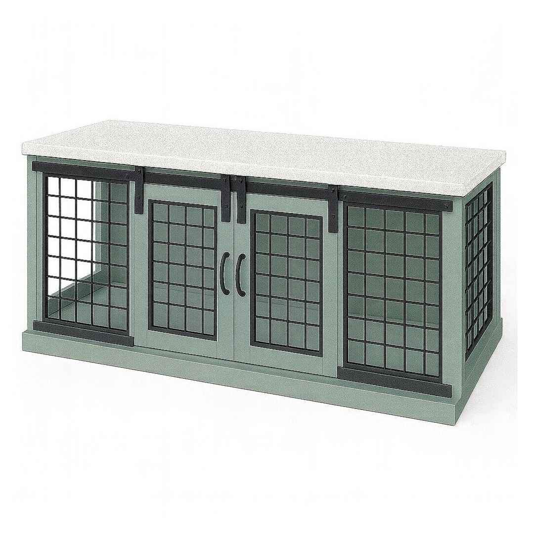 The DUO – Sage Barn Style Double Wooden Dog Crate With Mesh - Arctic image