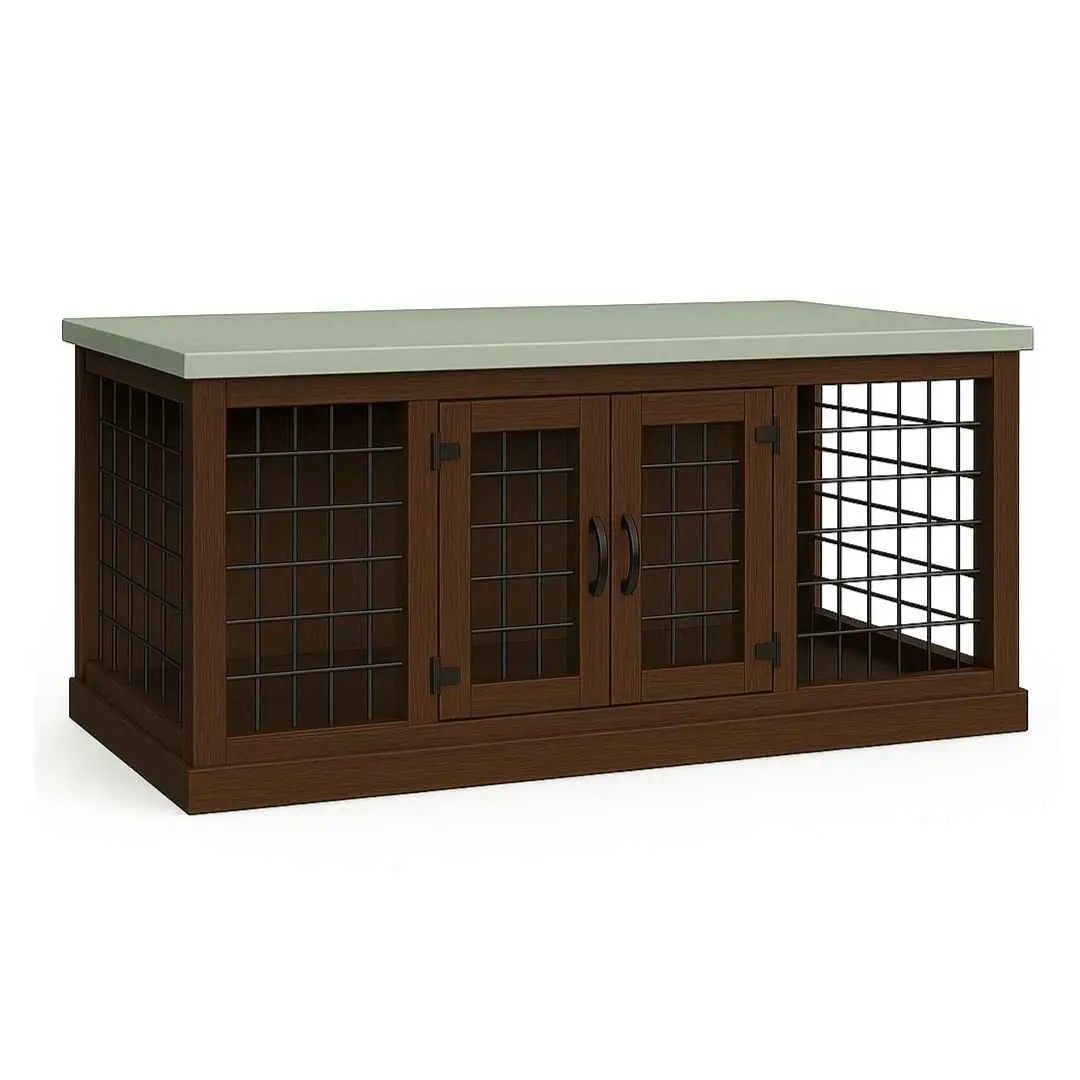 The DUO – Espresso Hinged Style Double Wooden Dog Crate With Mesh image 0