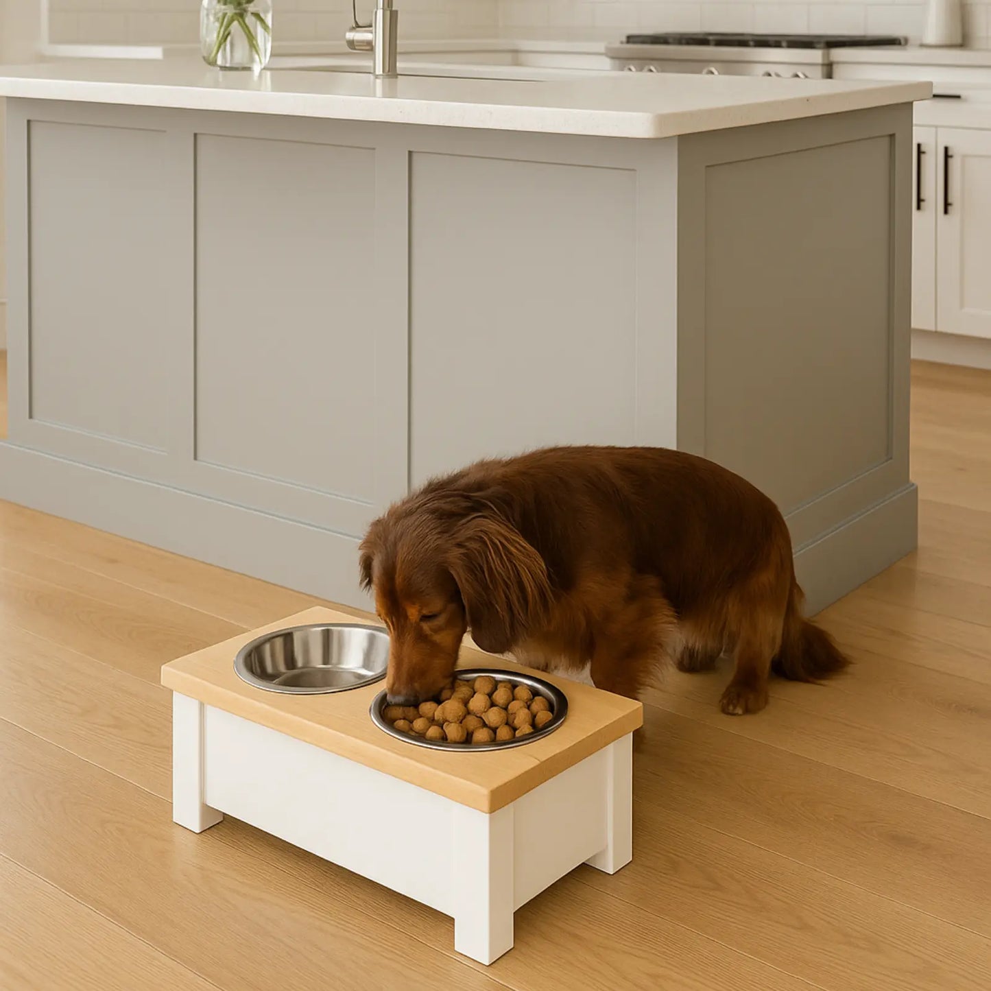 Dog eating from a elevated food bowl in a modern kitchen.