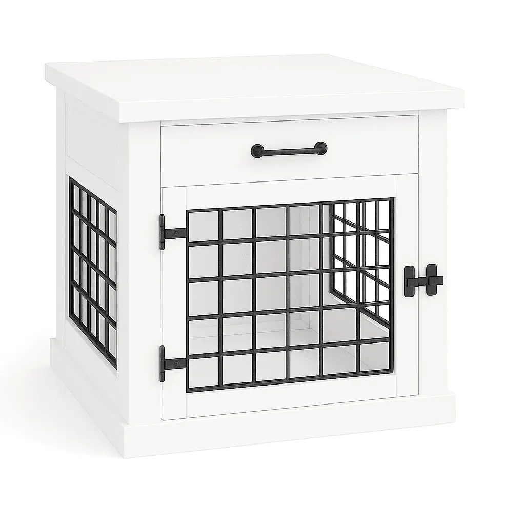 The Den - ARCTIC Coloured Bedside Dog Crate with Mesh & Hinged Door with Drawer image 3