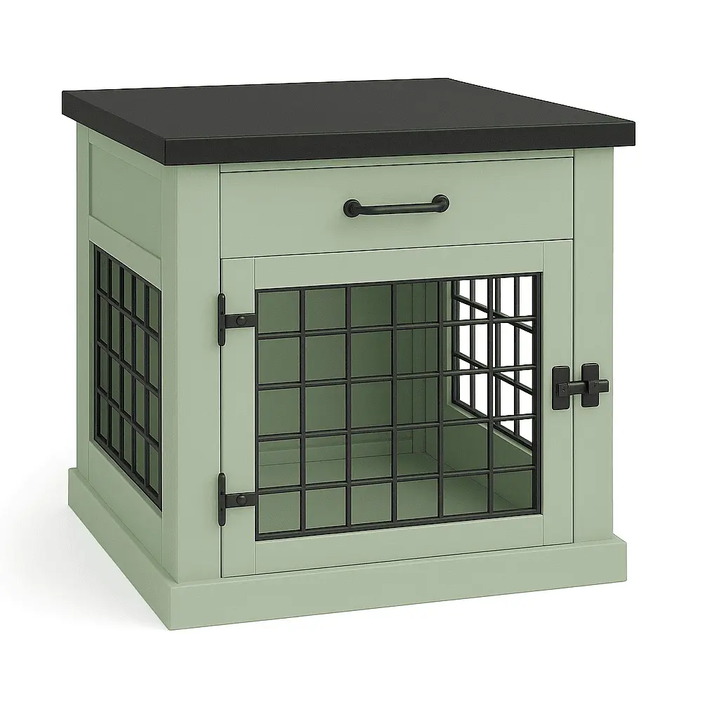 The Den - SAGE Coloured Bedside Dog Crate with Mesh & Hinged Door with Drawer image 3