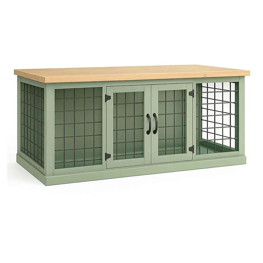 The DUO – Sage Hinged Style Double Wooden Dog Crate With Mesh - Natural image