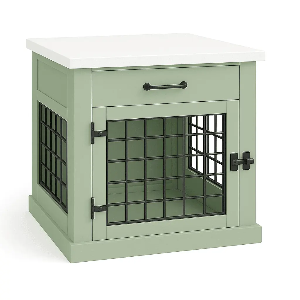 The Den - SAGE Coloured Bedside Dog Crate with Mesh & Hinged Door with Drawer - Arctic image