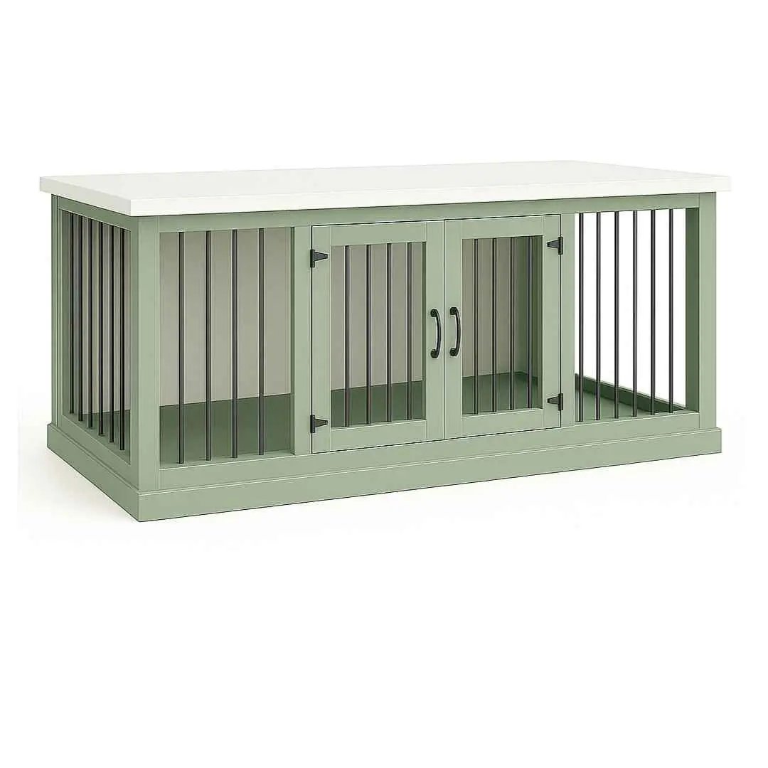 The DUO – Sage Hinged Double Wooden Dog Crate With Bars - Arctic image