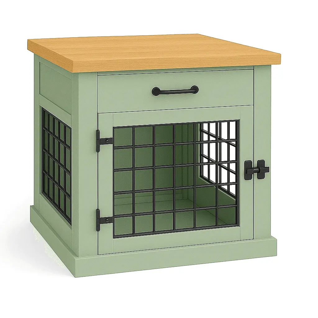 The Den - SAGE Coloured Bedside Dog Crate with Mesh & Hinged Door with Drawer - Natural image