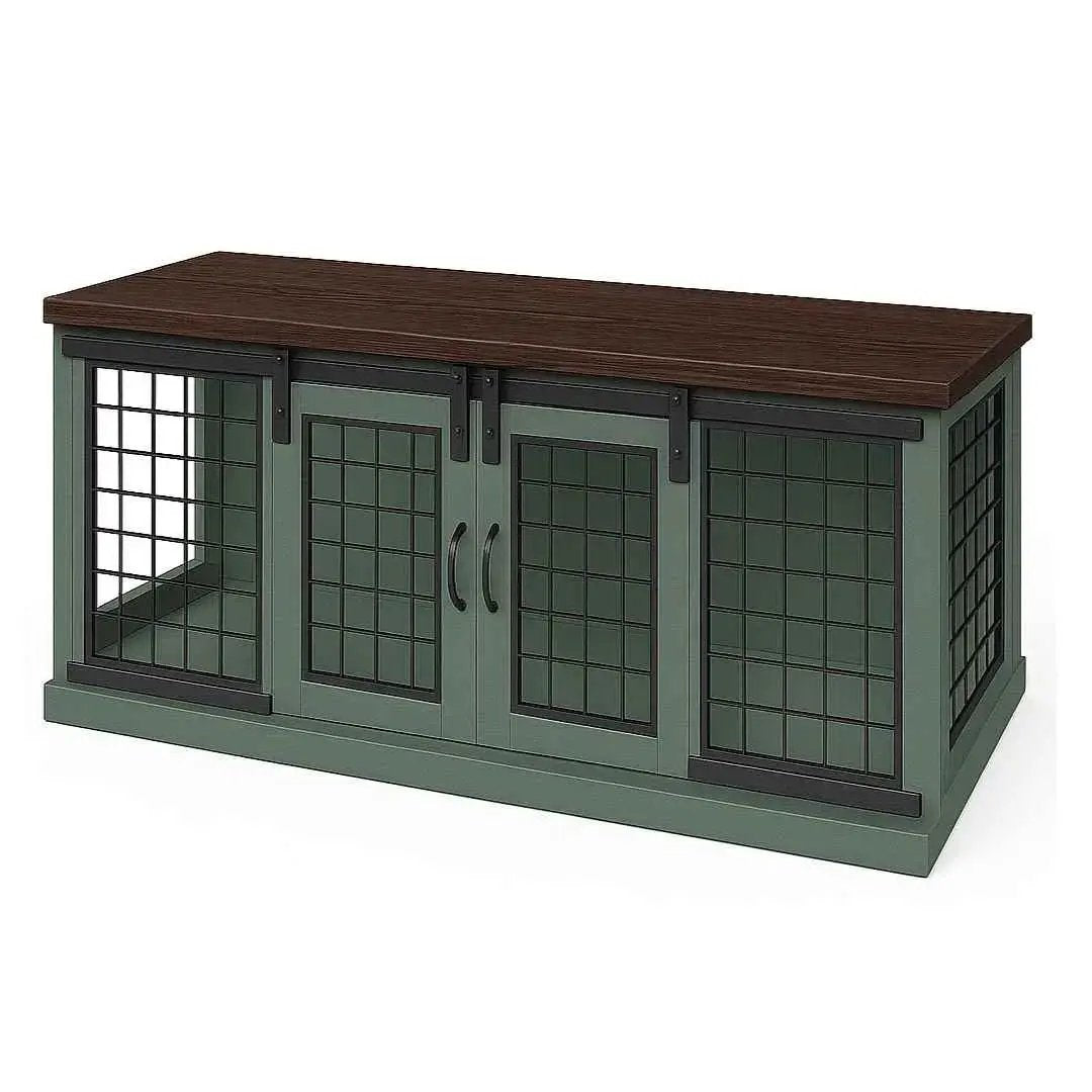 The DUO – Sage Barn Style Double Wooden Dog Crate With Mesh image 0