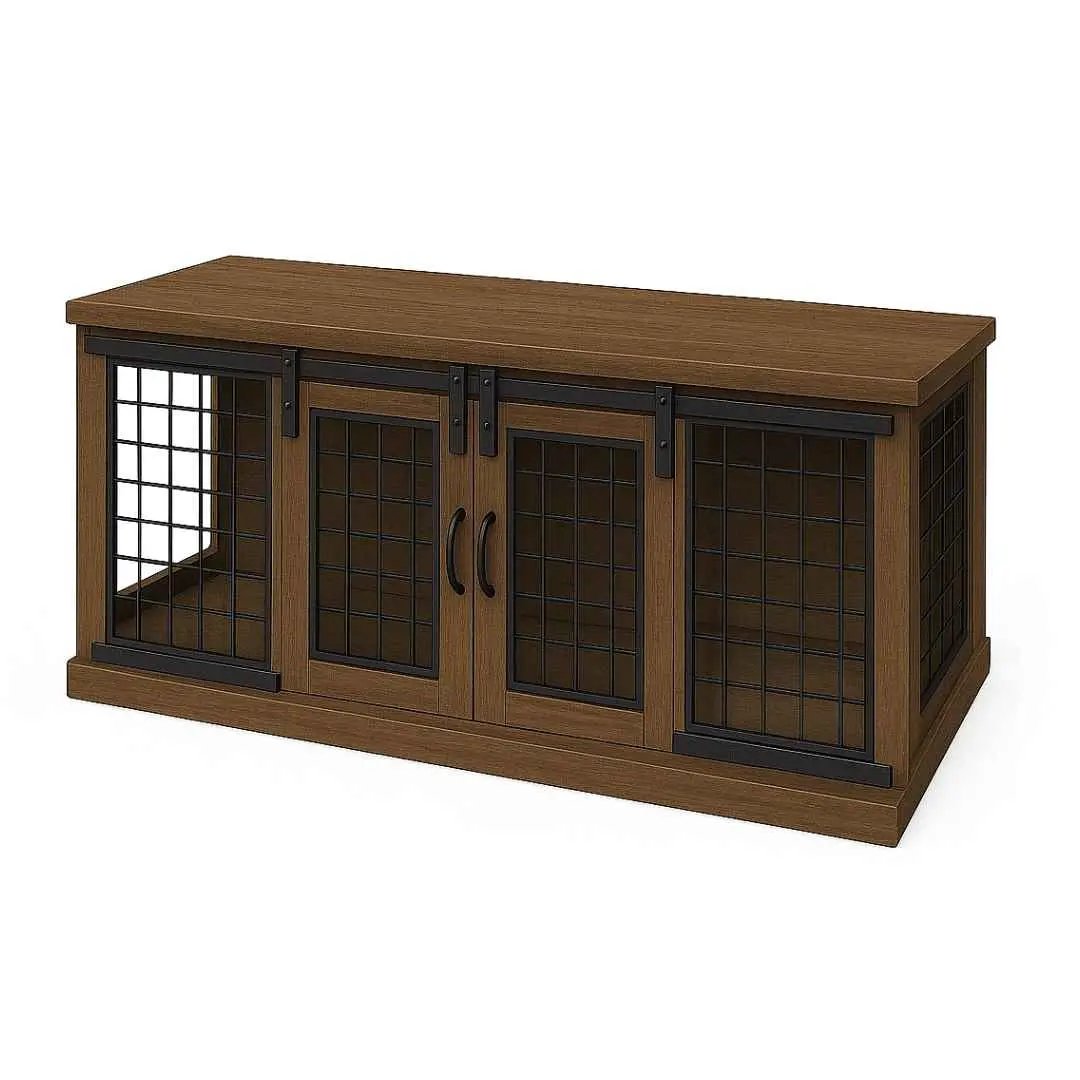 The DUO – Espresso Barn Style Double Wooden Dog Crate With Mesh image 4