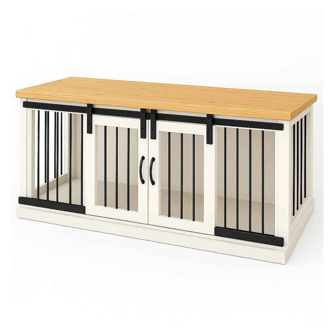 The DUO – Arctic Barn Door Style Double Wooden Dog Crate With Bars image 1