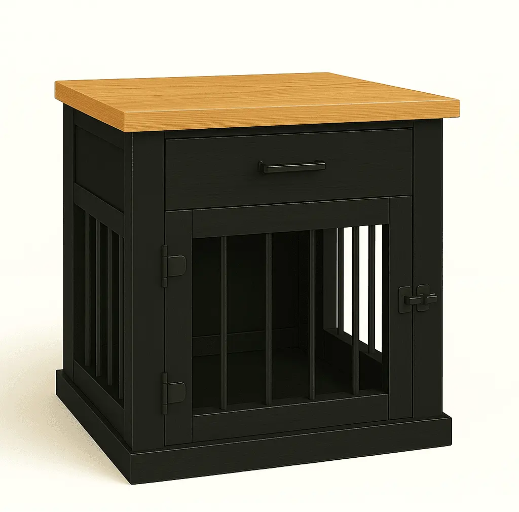 The Den - NIGHT SKY Coloured Bedside Dog Crate with Bars & Hinged Door with Drawer - Natural image