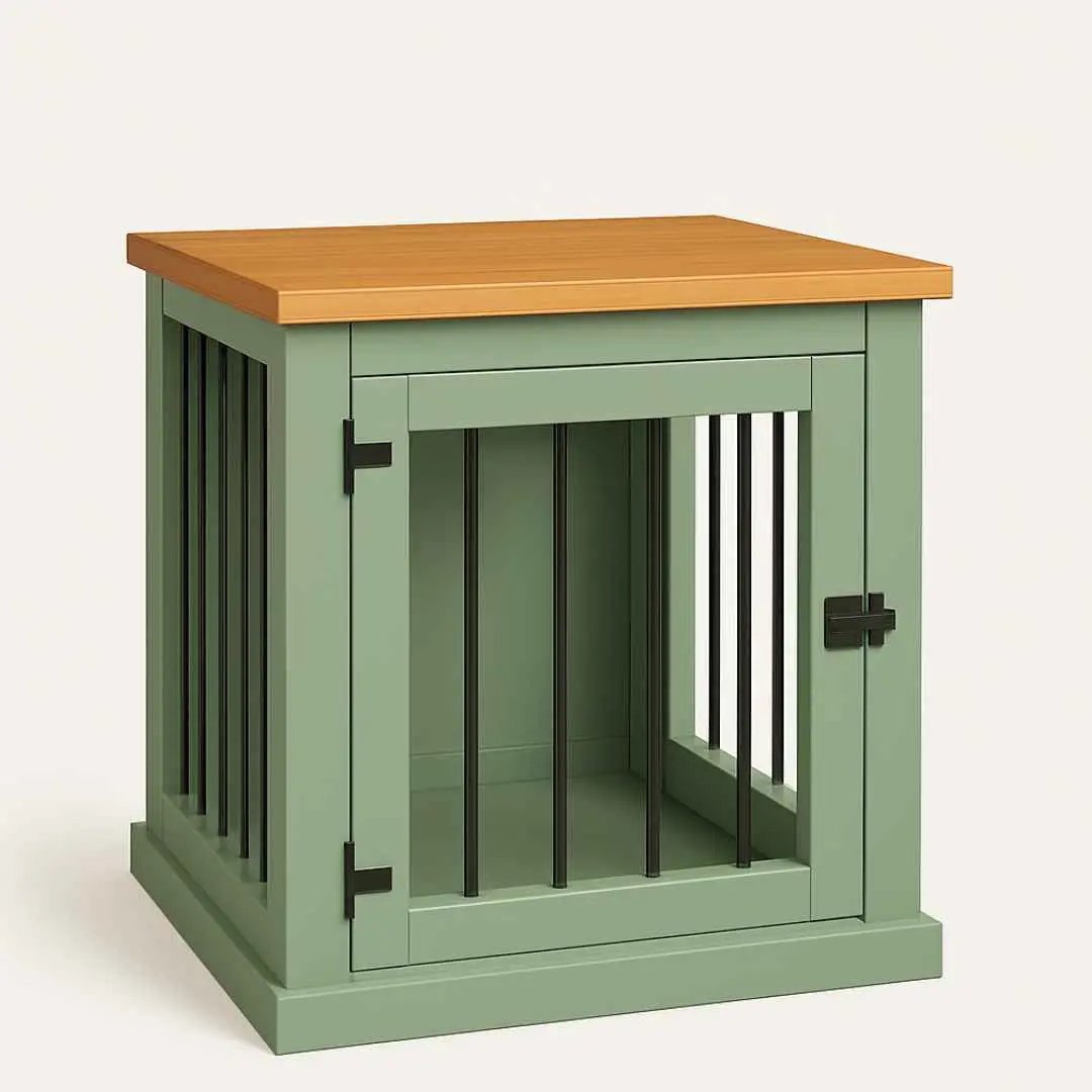 The Den - Sage Coloured Bedside Dog Crate with Bars & Hinged Door image 1
