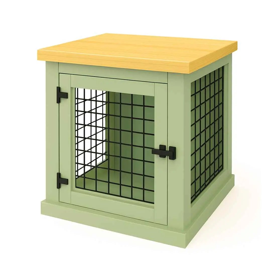 The Den - SAGE Coloured Bedside Dog Crate with Mesh & Hinged Door image 1