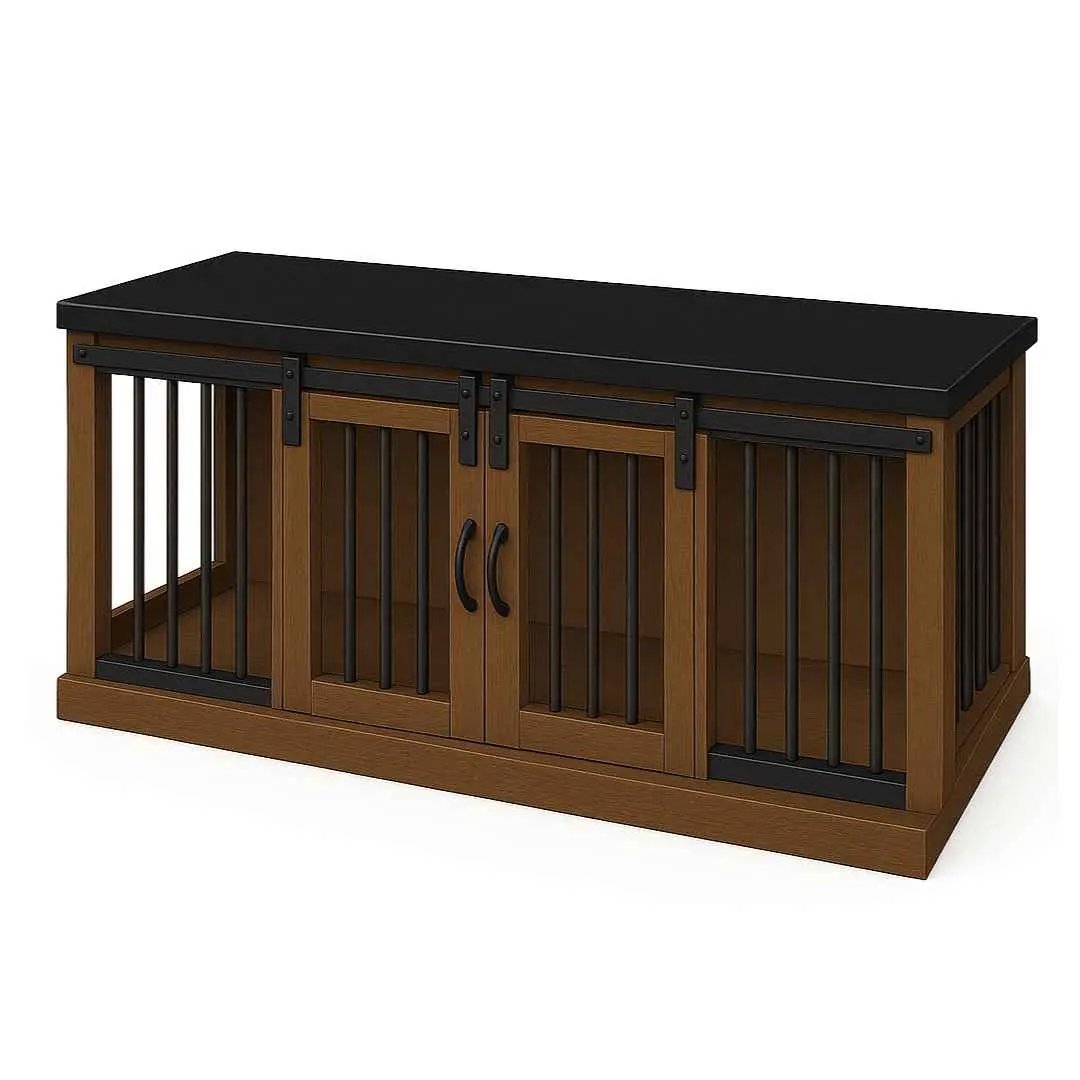 The DUO – Espresso Barn Door Style Double Wooden Dog Crate With Bars image 0