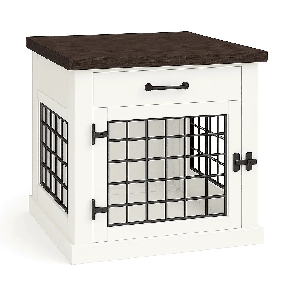 The Den - ARCTIC Coloured Bedside Dog Crate with Mesh & Hinged Door with Drawer image 1