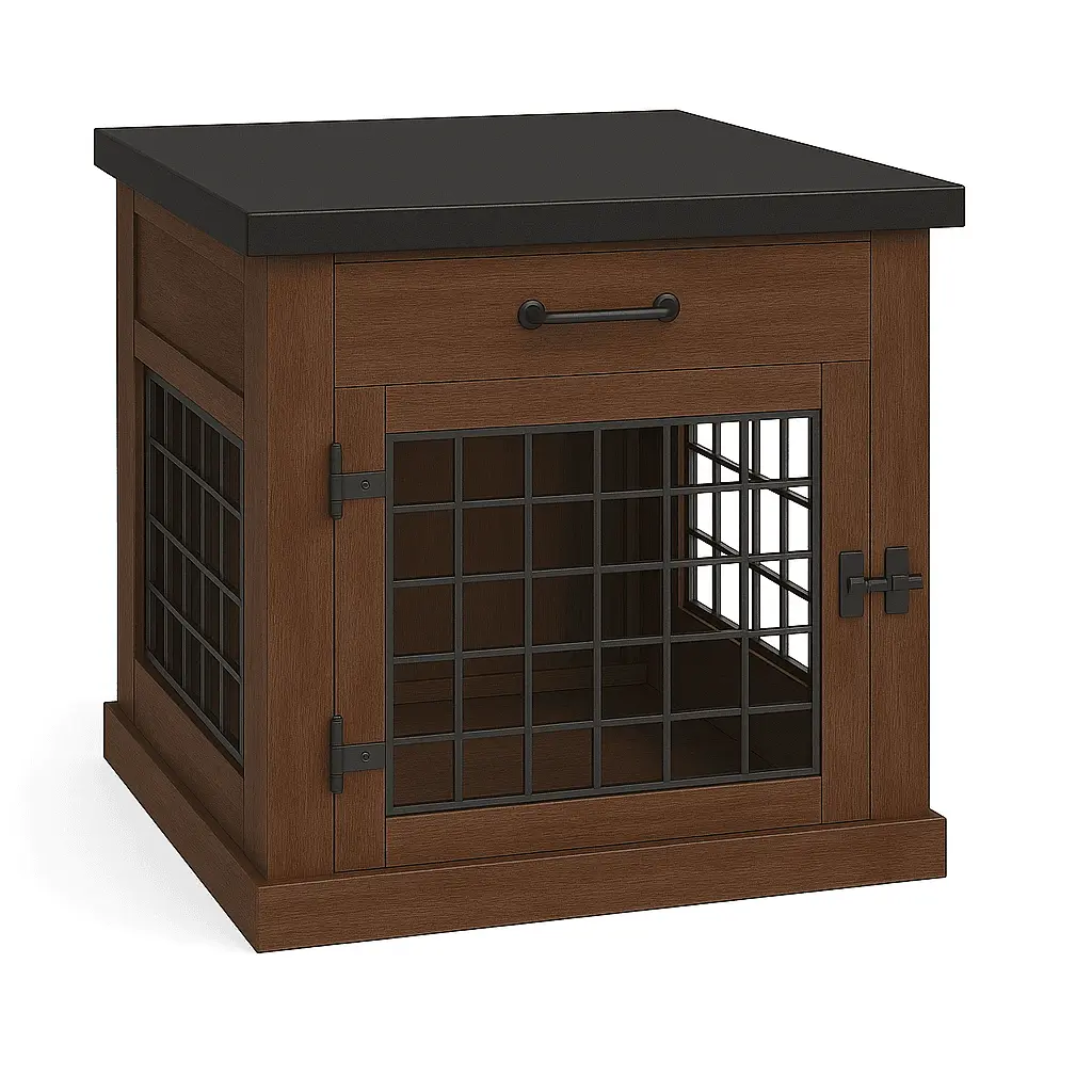 The Den - ESPRESSO Coloured Bedside Dog Crate with Mesh & Hinged Door with Drawer image 1