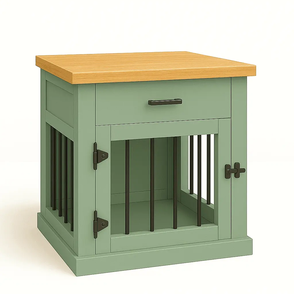 The Den - SAGE Coloured Bedside Dog Crate with Bars & Hinged Door with Drawer - Natural image