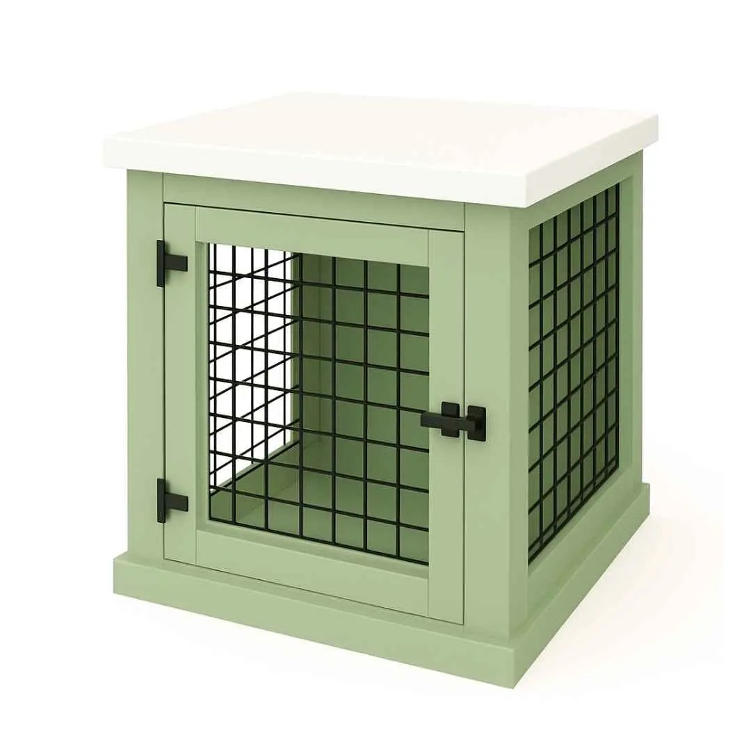 The Den - SAGE Coloured Bedside Dog Crate with Mesh & Hinged Door image 2