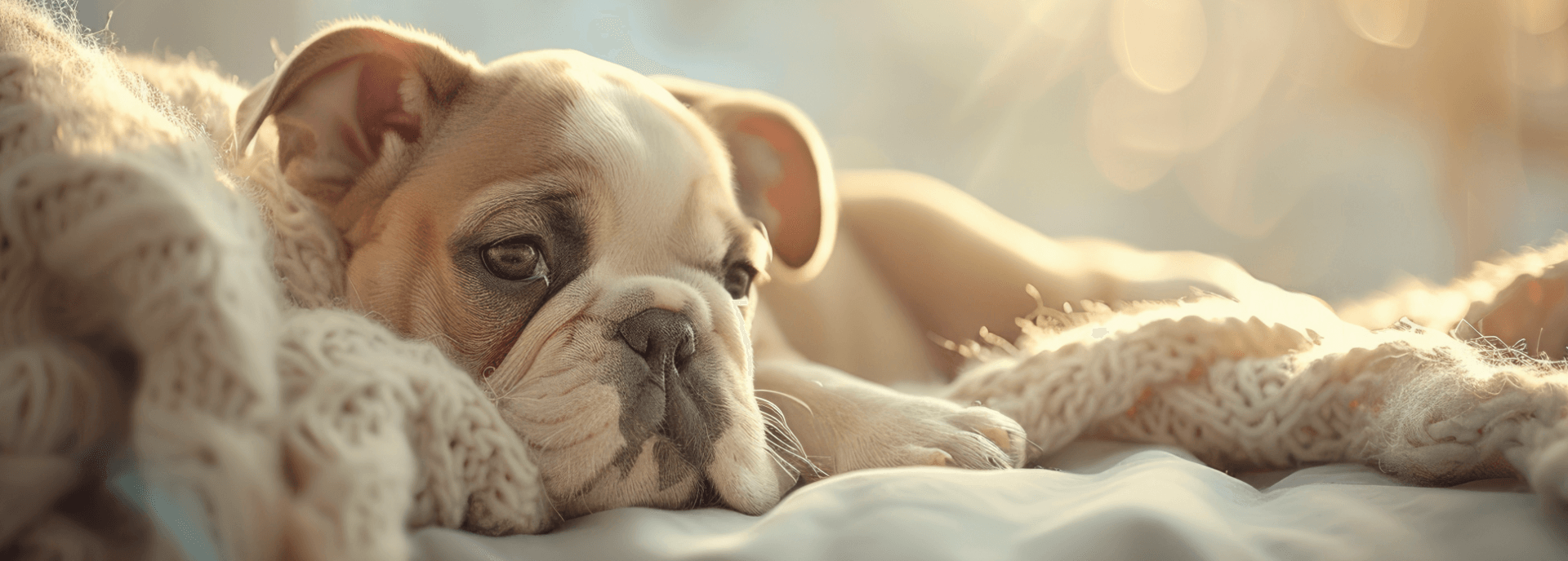 Dog lying on a soft surface with a warm, blurred background who is wishing he had a custom dog crate by Paws and Willow