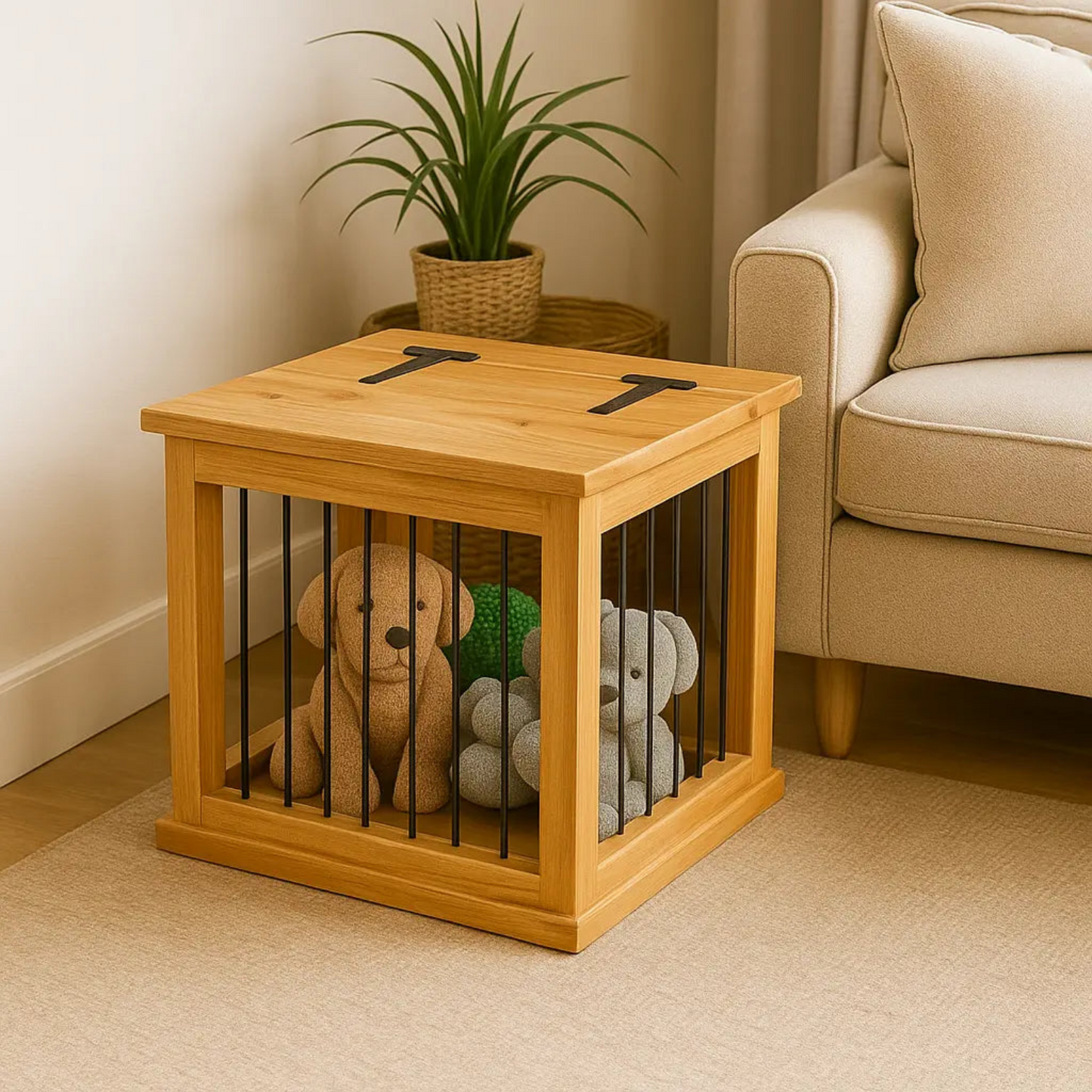 Wooden pet crate with metal bars containing stuffed animals, placed on a carpeted floor next to a beige sofa.