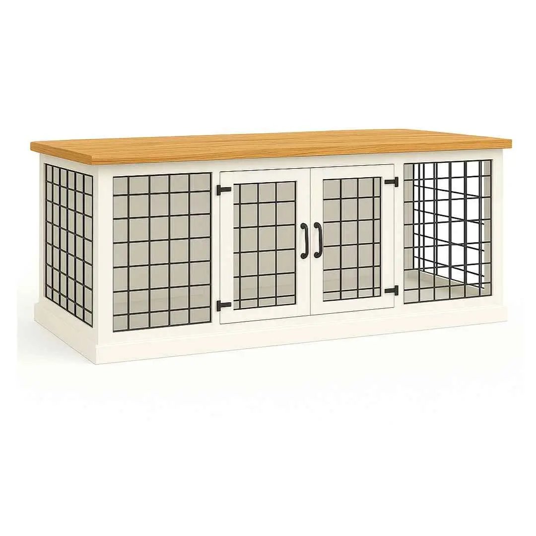 The DUO – Arctic Hinged Style Double Wooden Dog Crate With Mesh - Natural image