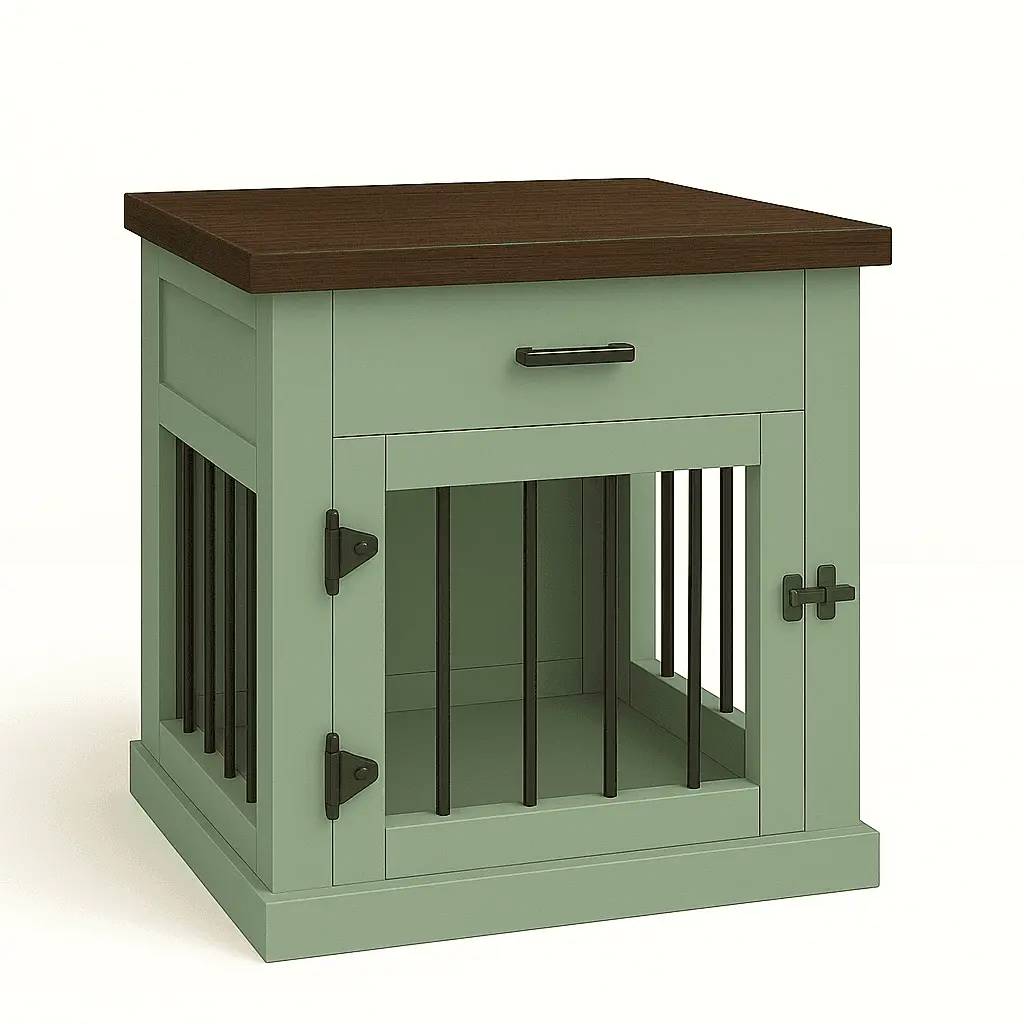 The Den - SAGE Coloured Bedside Dog Crate with Bars & Hinged Door with Drawer image 3