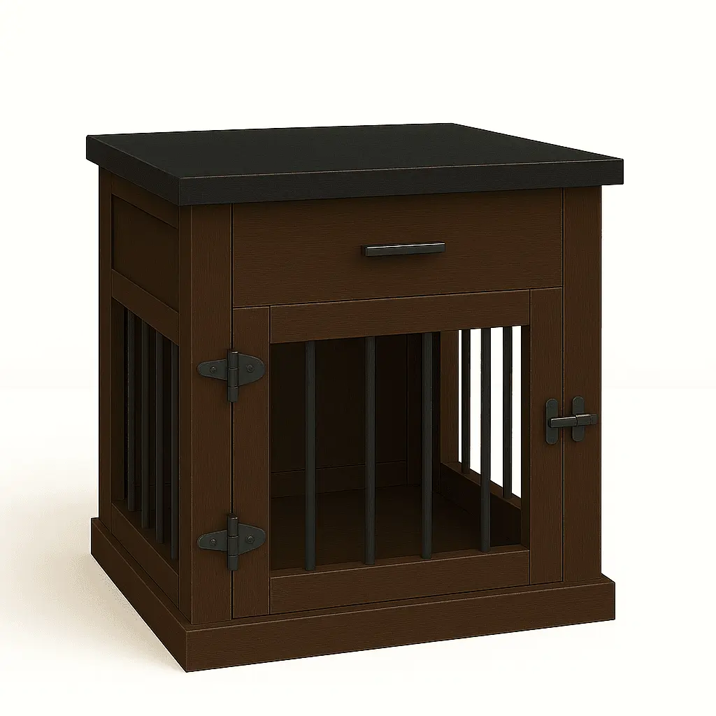 The Den - ESPRESSO Coloured Bedside Dog Crate with Bars & Hinged Door with Drawer - Night Sky image