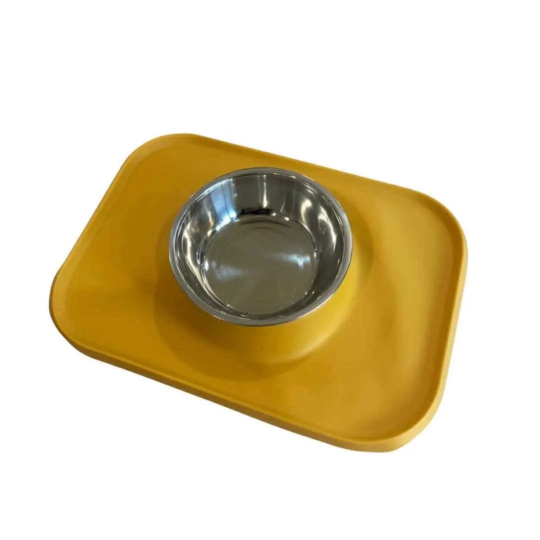 LARGE Silicone Dog Feeding Mat with Stainless Steel Bowl – Non-Slip, Easy-Clean - Mustard image