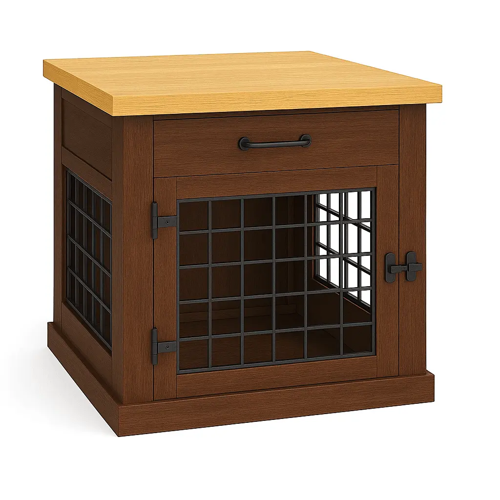 The Den - ESPRESSO Coloured Bedside Dog Crate with Mesh & Hinged Door with Drawer image 0