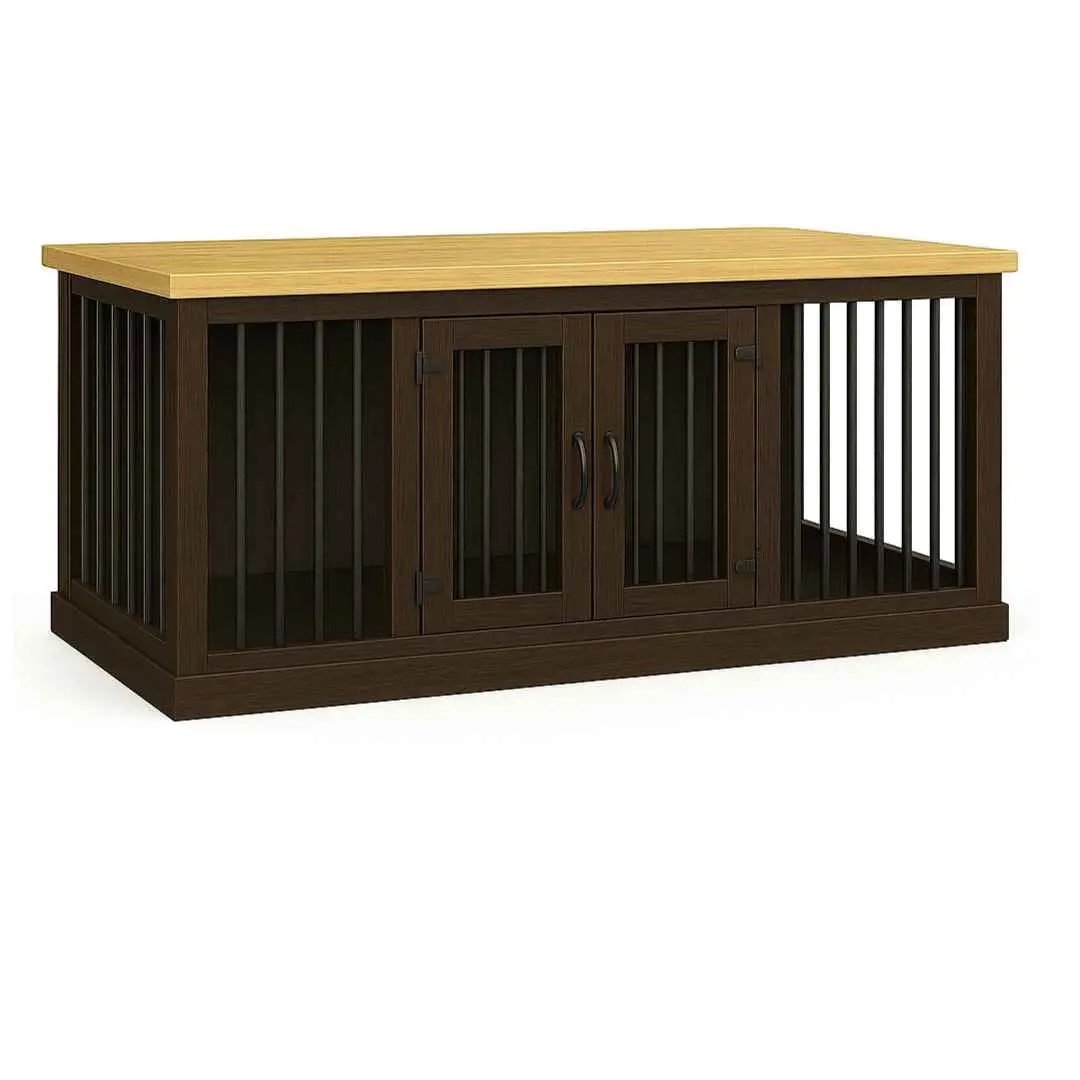 The DUO – Espresso Hinged Double Wooden Dog Crate With Bars image 1
