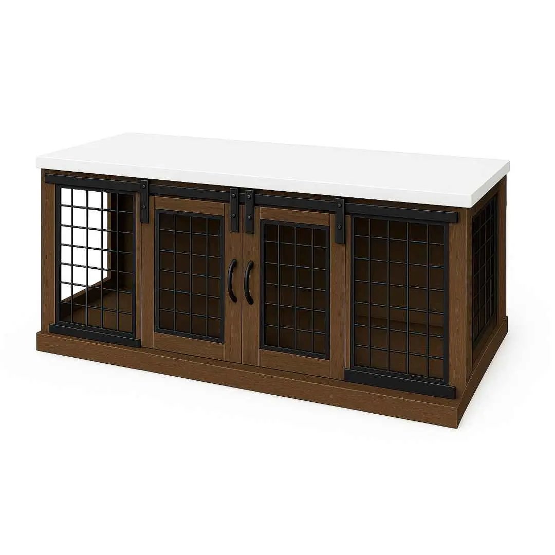 The DUO – Espresso Barn Style Double Wooden Dog Crate With Mesh image 2