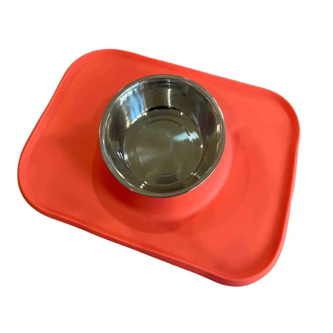 SMALL Silicone Dog Feeding Mat with Stainless Steel Bowl – Non-Slip, Easy-Clean - Red image