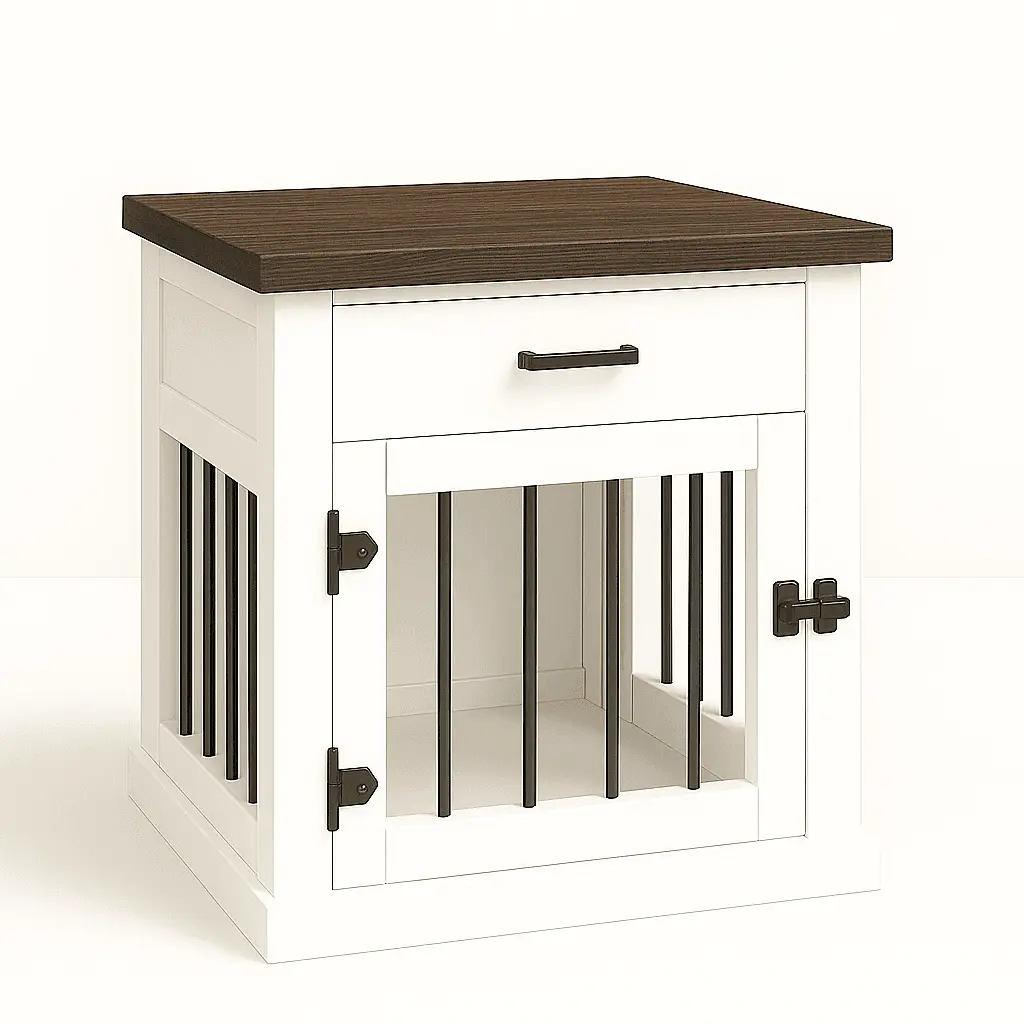 The Den - ARCTIC Coloured Bedside Dog Crate with Bars & Hinged Door with Drawer - Espresso image