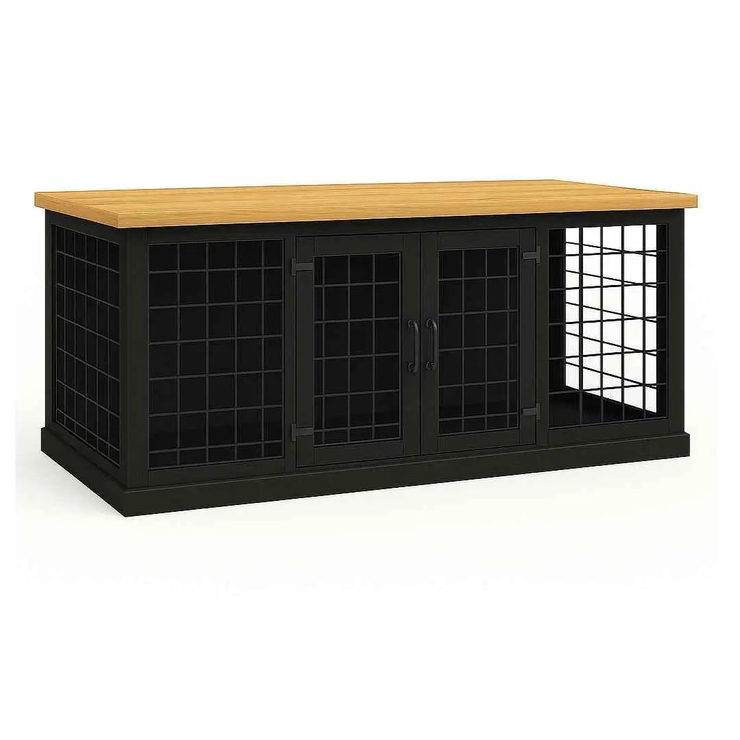 The DUO – Night Sky Hinged Style Double Wooden Dog Crate With Mesh - Natural image