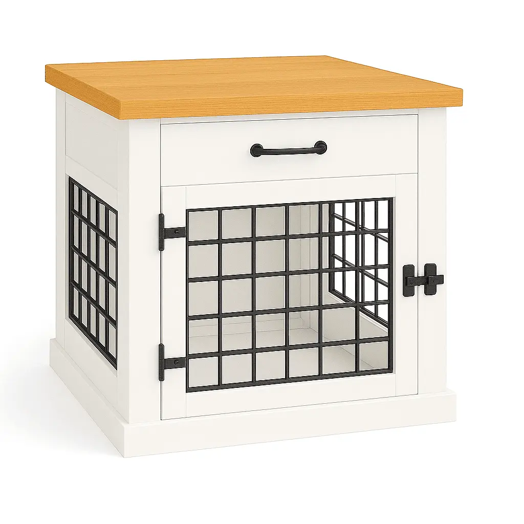 The Den - ARCTIC Coloured Bedside Dog Crate with Mesh & Hinged Door with Drawer image 0