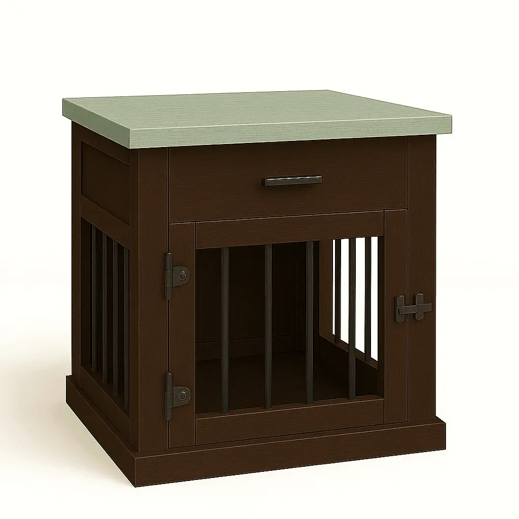 The Den - ESPRESSO Coloured Bedside Dog Crate with Bars & Hinged Door with Drawer image 4