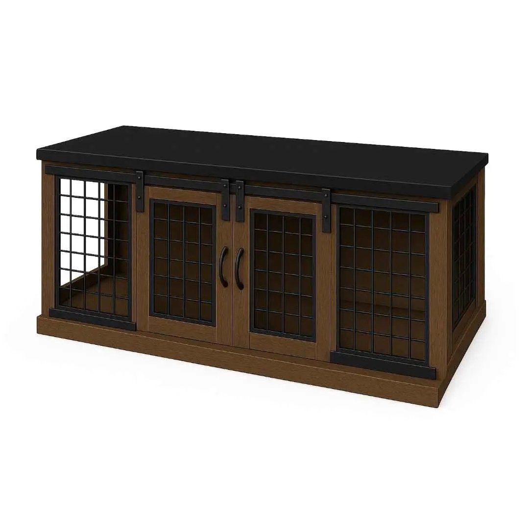 The DUO – Espresso Barn Style Double Wooden Dog Crate With Mesh image 5