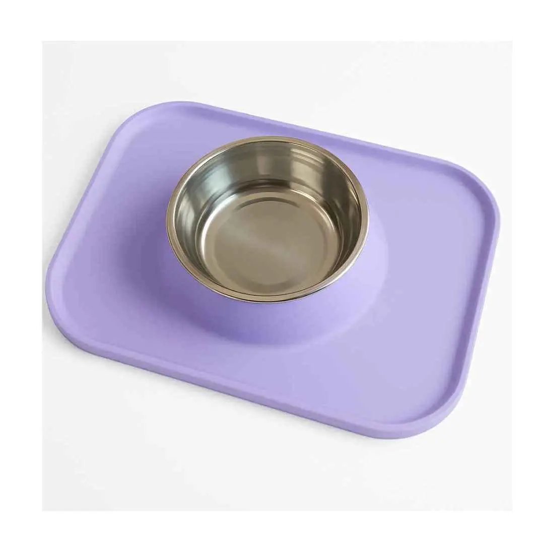 LARGE Silicone Dog Feeding Mat with Stainless Steel Bowl – Non-Slip, Easy-Clean - Lilac image
