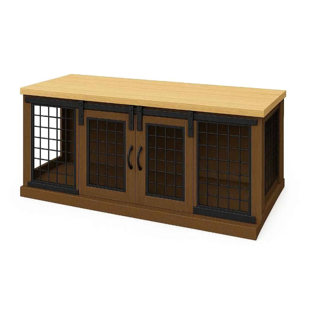 The DUO – Espresso Barn Style Double Wooden Dog Crate With Mesh - Natural image