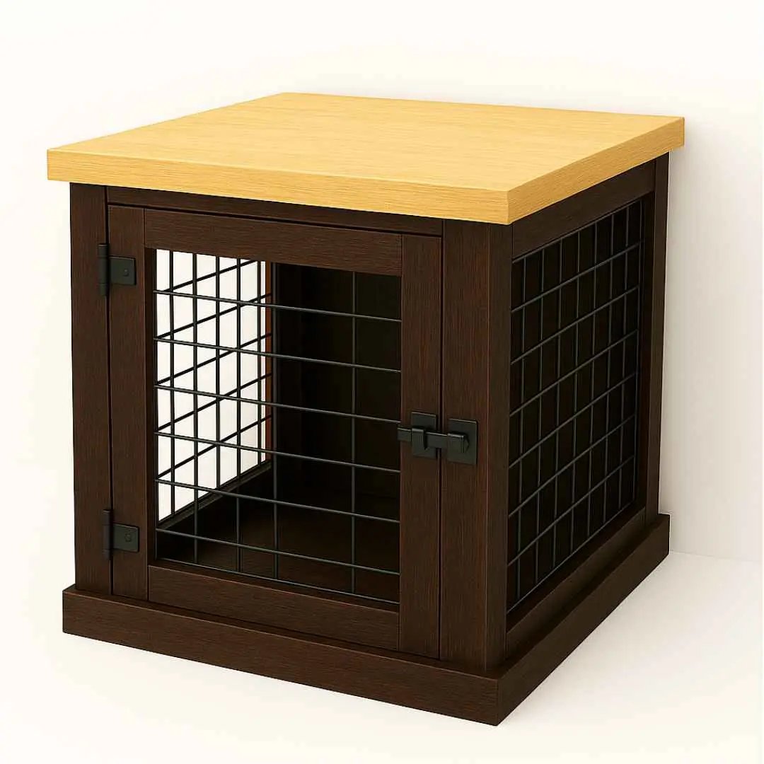 The Den - Espresso Coloured Bedside Dog Crate with Mesh & Hinged Door - Natural image