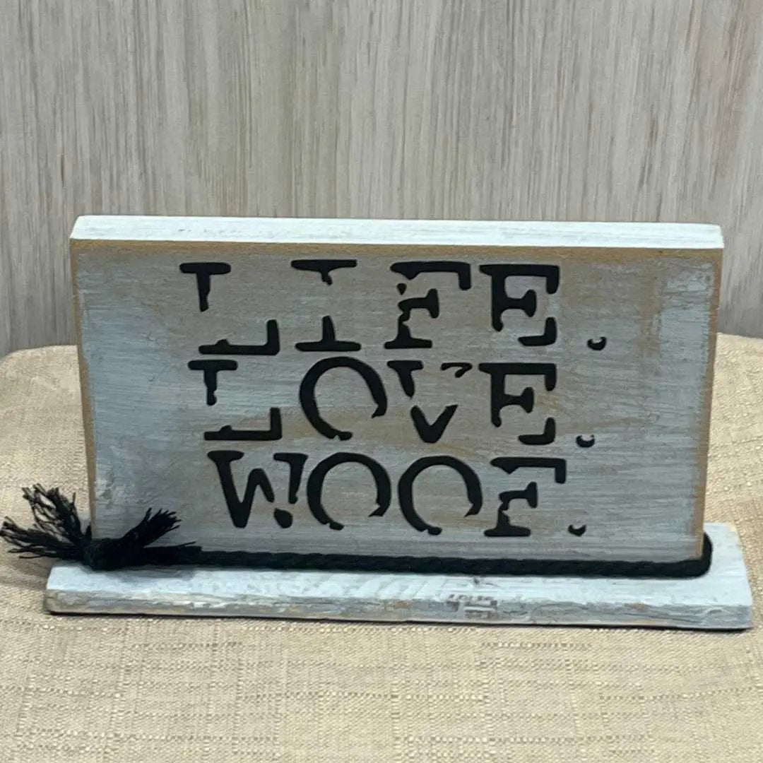"Live. Love. Woof." Wooden Shelf Decor image 1