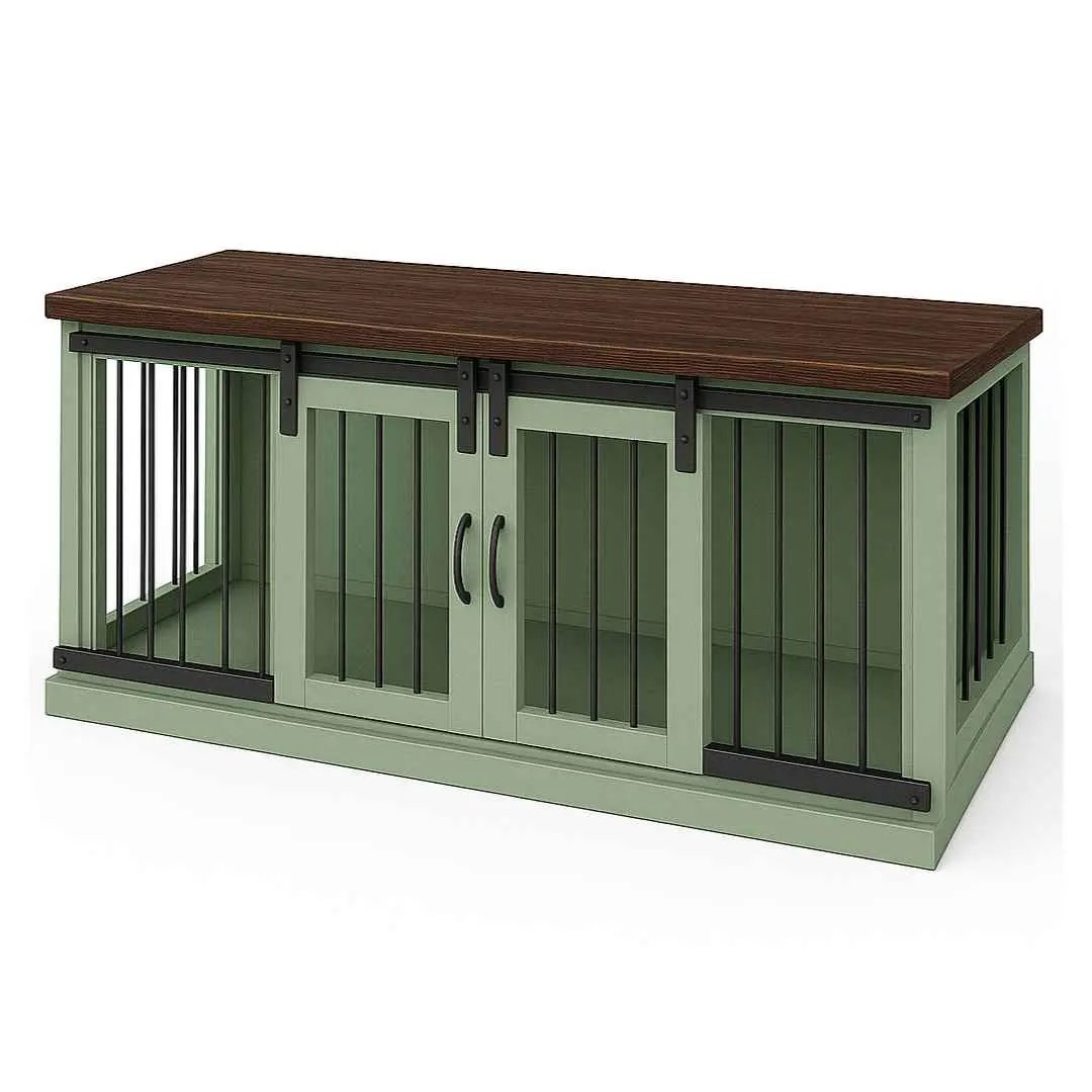 The DUO – Sage Barn Door Style Double Wooden Dog Crate With Bars - Espresso image