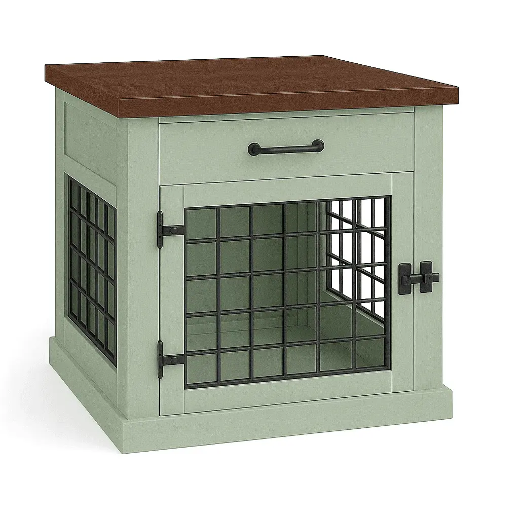 The Den - SAGE Coloured Bedside Dog Crate with Mesh & Hinged Door with Drawer image 4