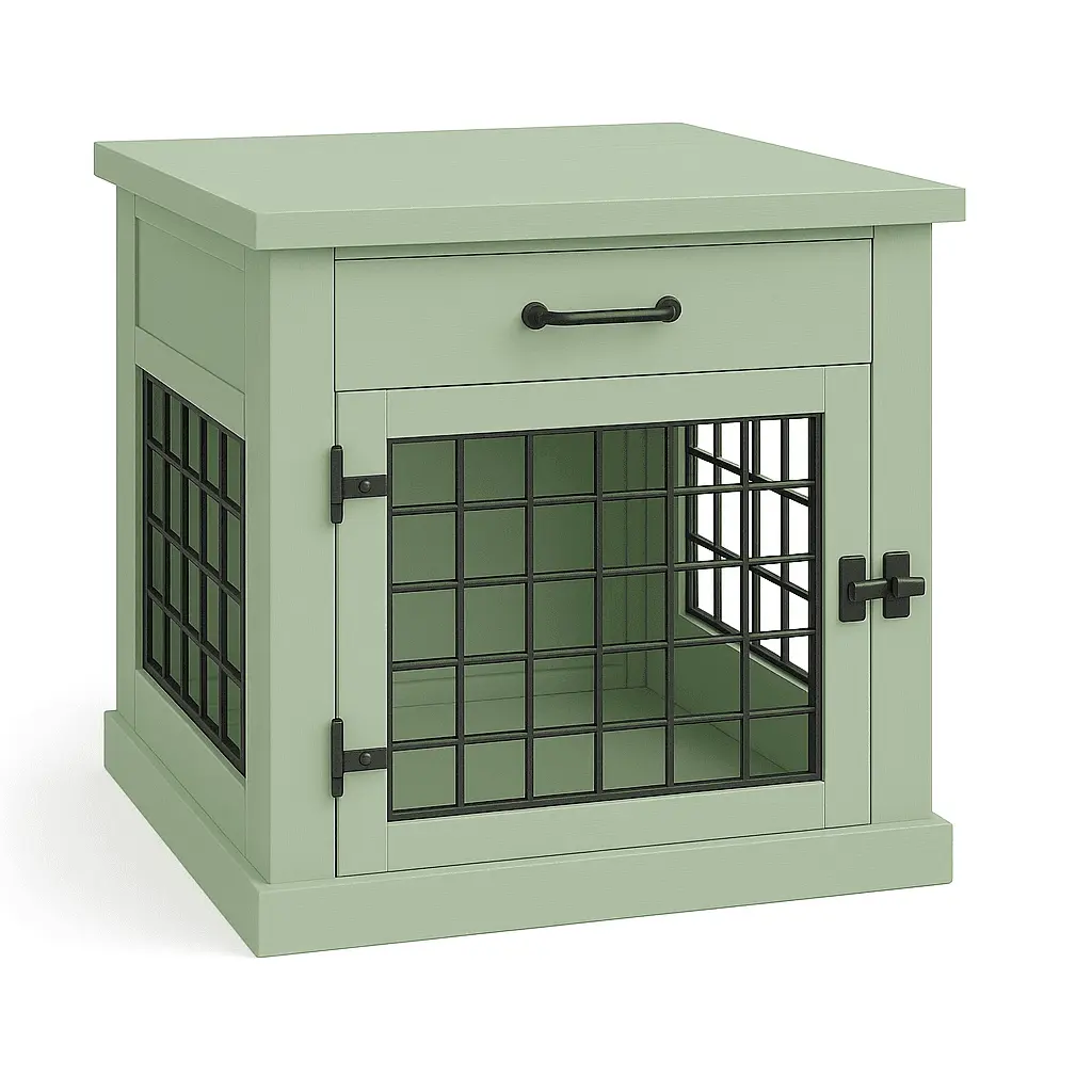 The Den - SAGE Coloured Bedside Dog Crate with Mesh & Hinged Door with Drawer - Sage image