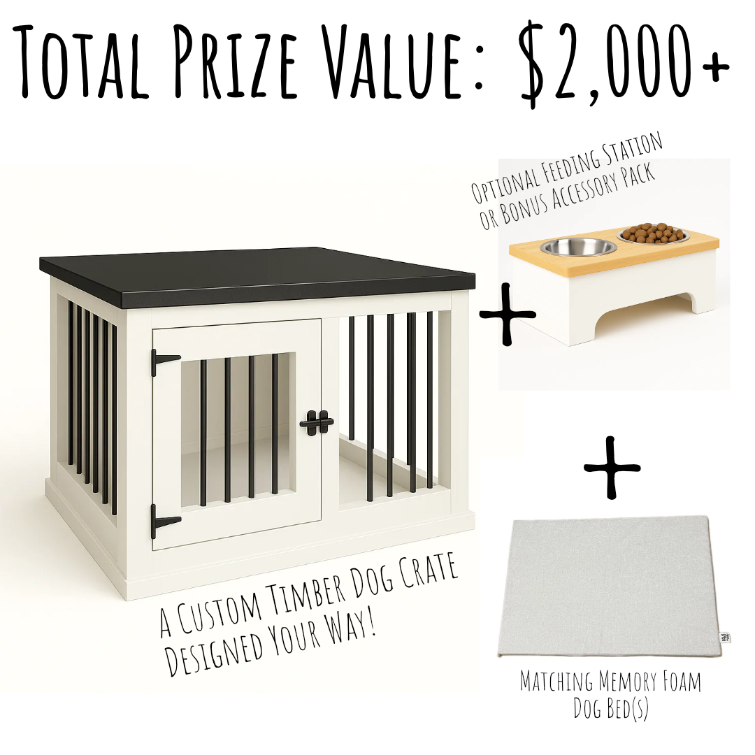 Custom timber dog crate with additional items on a white background