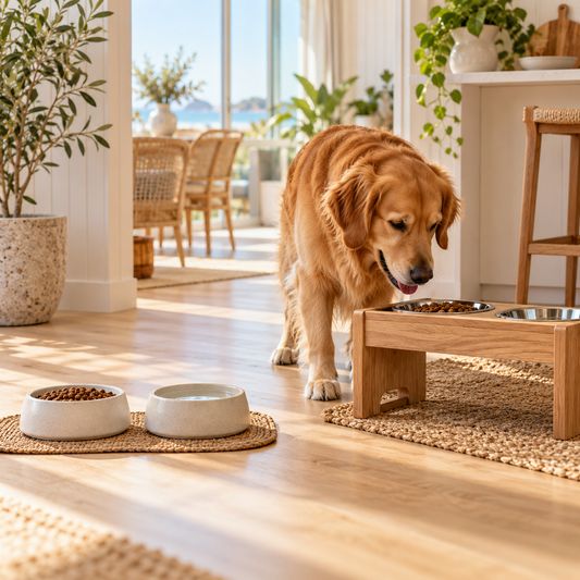 Image comparing separate dog bowls and dog feeding stations at home.