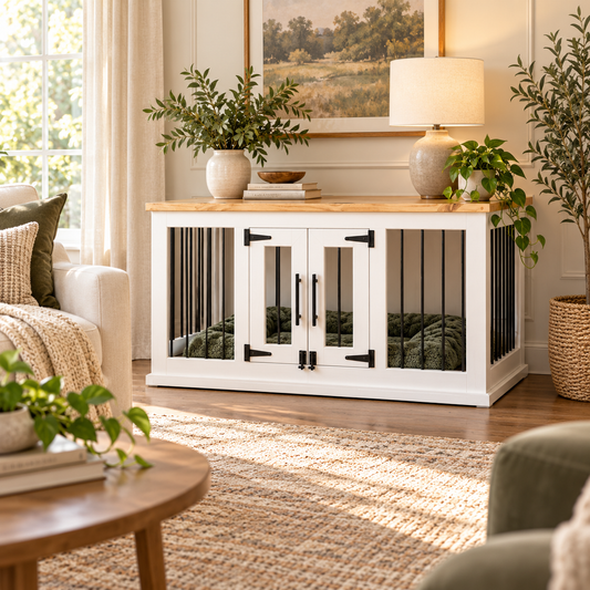 White Paws & Willow wooden dog crate with a natural timber top, styled as elegant furniture in a bright, modern living room