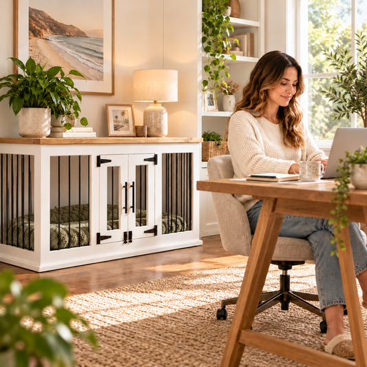 Golden Retriever relaxing inside a wooden dog crate beside its owner working at a desk in a bright home office.