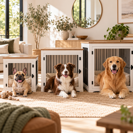 Three dogs of different sizes with stylish wooden dog crates, illustrating how to choose the right dog crate size by breed.