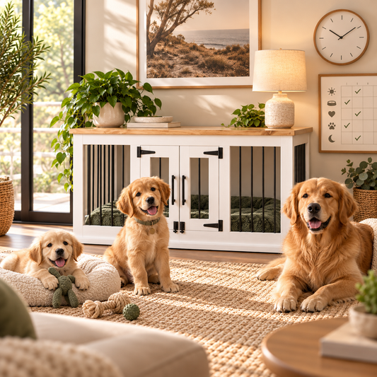 Golden Retriever puppy, adolescent and adult dog beside a furniture-style wooden dog crate, illustrating crate training at different ages.