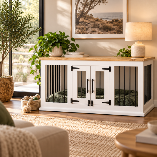 Image accompanying a comparison of freestanding and built-in dog crate furniture.